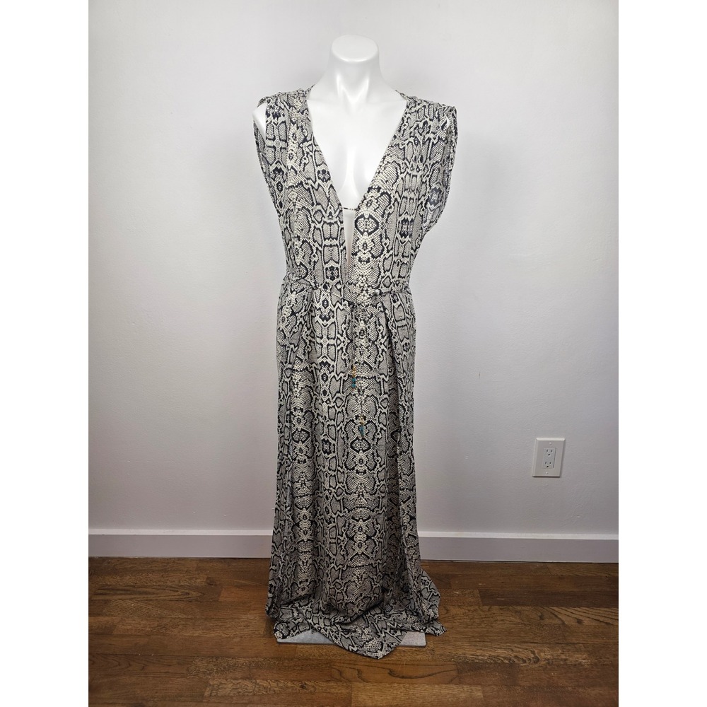 ViX Paula Hermanny Snake Print Maxi Dress Black Cream‎ Beaded Tassels Small